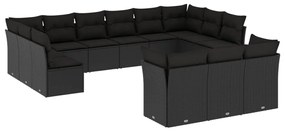 3218445 vidaXL Градински диван с възглавници, 13 части, черен, полиратан