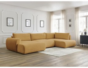 Разтегателен ъглов диван от рипсено кадифе в цвят горчица (ляв ъгъл/"U" форма) Lucien – Bobochic Paris