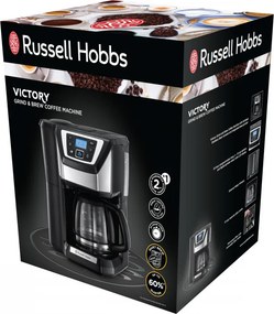 Кафемашина с вградена мелачка Russell Hobbs Victory Grind & Brew 22000-56, 1025W, 1.5 л, 250 гр, 12 чаши, Таймер, Вграден филтър, Черен/инокс