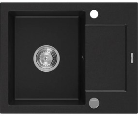 Mexen Enzo гранитен мивка 1-коморова с отцеждане 576 x 465 mm, черен, хромиран сифón - 6506571005-77