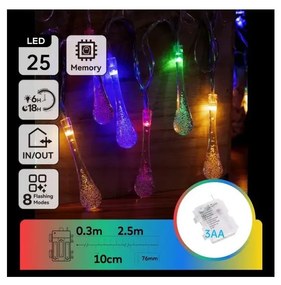 Aigostar - Външна коледна LED гирлянда RGBY, 25 LED диода, 8 функции, захранване с 3 x AA, 2,5 m, IP44, капковидни лампички