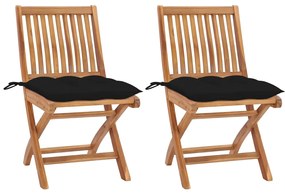 3062455 vidaXL Градински столове, 2 бр, черни възглавници, тиково дърво масив