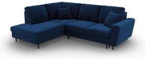 Син кадифен разтегателен ъглов диван с място за съхранение (ляв ъгъл/L форма) Kyoto – Cosmopolitan Design