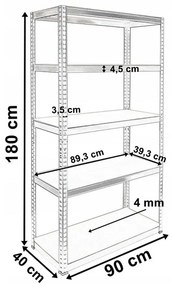 Стабилен метален стелаж за съхранение с 5 рафта 180x90x40 см