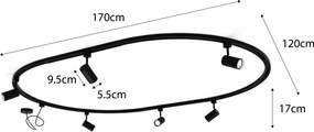 Модерна релсова система за осветление с 6 черни прожектора, 1-фазна, овална 100см - Iconic Jeana