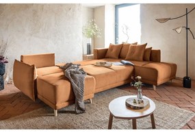 Ъглов разтегателен диван от велур в тухлен цвят (десен ъгъл/U-образна форма) Lazy Lukka - Miuform