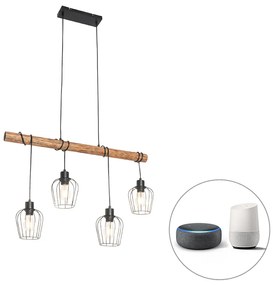 Интелигентен висящ аплик черен с дърво, вкл. 4 Wifi A60 - Stronk