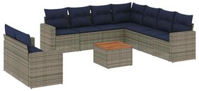 3256523 vidaXL Градински диван с възглавници, 10 части, полиратан, сив