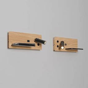 Комплект от 2 стенни лампи черни с дърво, включително LED с USB и индукционно зарядно - Riza