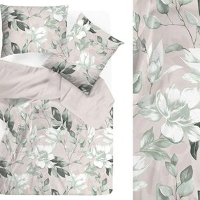 Премиум памучно спално бельо - бежово със зелени цветя Ширина: 160 см | Дължина: 200 см