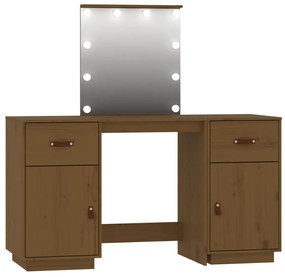 3107842 vidaXL Комплект тоалетка с LED, Меденокафяв, борово дърво масив