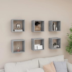 807039 vidaXL Стенни кубични рафтове, 6 бр, бетонно сиви, 26x15x26 см