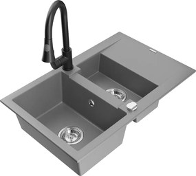 Mexen Gaspar гранитна мивка с 1,5 отделения с отцедник и кухненски смесител Elia, сив - 6507-71-670101-70
