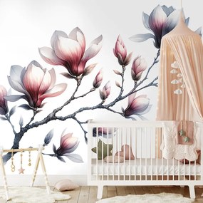 Фототапет – Нежни магнолии на бял фон