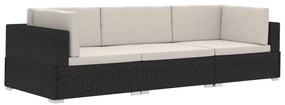 47264 vidaXL Градински комплект с възглавници, 3 части, полиратан, черен