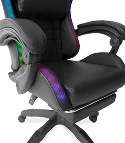 LED геймърски стол със сгъваема поставка за крака и функция за масаж - черен