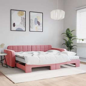 3196956 vidaXL Канапе с изтеглящо легло и матраци розово 90x200 см кадифе