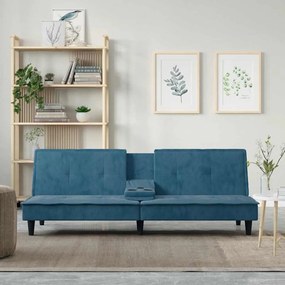 351919 vidaXL Разтегателен диван с поставки за чаши, син, кадифе