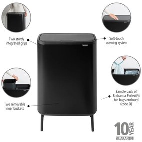 Кош за боклук Brabantia Bo Touch Hi 1001264, 2x30 л, Плътно прилепване към стена, Реглаж на краката, Черен/мат