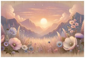 Тапет – Пастелен пейзаж с цветя при залез