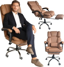 Удобен офис фотьойл с подложка за крака и масаж - кафява екокожа