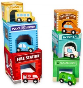 Lelin Toys - Kартонени кубчета за най-малките, с дървени превозни средства