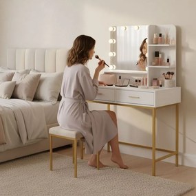 Голяма козметична тоалетка с LED огледало и странични рафтове