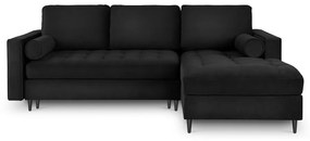 Черен кадифен ъглов разтегателен диван , десен ъгъл Santo - Milo Casa