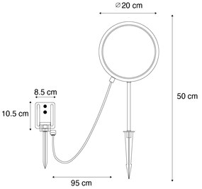 Шпикова лампа черна 50 см с акумулаторна и слънчева LED IP65 - Adalind