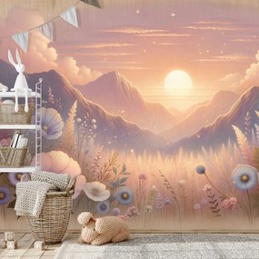 Тапет – Пастелен пейзаж с цветя при залез