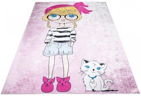 Детски килим за момичешка стая с млада дама и котка Ширина: 80 см | Дължина: 150 см