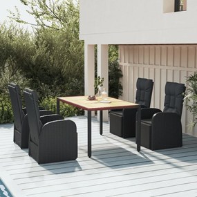 3157608 vidaXL Градински трапезен комплект, 5 части, черен, полиратан и акация