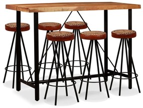 275135 vidaXL Бар комплект, 7 части, акация масив, естествена кожа и канава