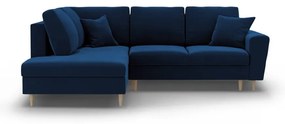 Син кадифен разтегателен ъглов диван с място за съхранение (ляв ъгъл/L форма) Kyoto – Cosmopolitan Design