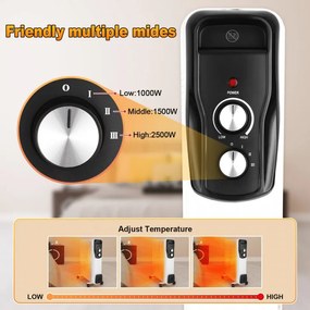 Маслен радиатор Sailnovo NSC-250-11F1, 2500W, 11 ребра, 30 м2, 3 степени, Въртящи се на 360 колелца, 10-35C, Бял