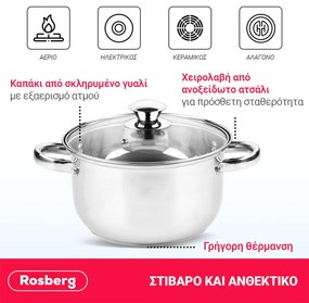 Разопакован: Комплект тенджери Rosberg R51210O10, 10 части, 2.1-6.3 l, Неръждаема стомана, Сребрист