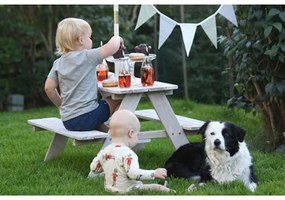 GINGER HOME Дървена маса с пейки и чадър с UV защита БЯЛА