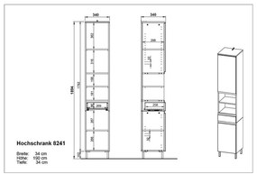 Тъмно сив висок шкаф за баня в дъбов декор 34x190 cm Salinas - Germania
