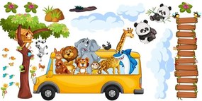 Стикер за стена за деца щастливи сафари животни в автобуса 150 x 300 cm