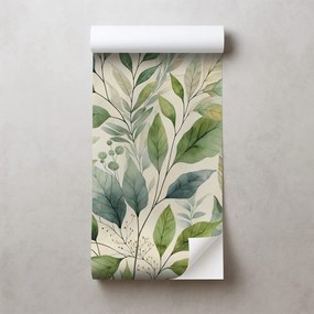 Самозалепващ тапет – Зелени акварелни листа на бежов фон