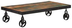 371684 vidaXL Кафе маса с колелца, регенерирано дърво масив, 100x55x26 cм