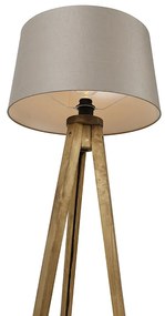 Рустикална подова лампа на триножник винтидж дърво с абажур от лен таупе 45 см - Tripod Classic
