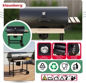 Барбекю на дървени въглища Klausberg KB 9033, Заключващ се капак, Термометър, Странични поставки, Чекмедже за пепел, Колелца, Стомана, Черен