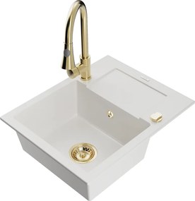 Mexen Enzo кухненска мивка от гранит с 1 купа, сушилня и кухненски смесител Elia, бял - 6506-20-670101-50