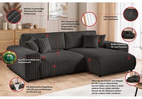 Тъмносив разтегателен ъглов диван от рипсено кадифе с място за съхранение (десен ъгъл) Sarina – Ropez