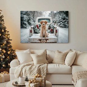 Картина на платно – Коледно куче на заснежен път