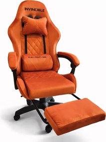 Оранжев геймърски стол с кадифена тапицерия и подвижна поставка за крака