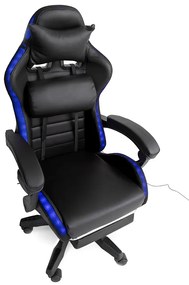 LED геймърски стол със сгъваема поставка за крака и функция за масаж - черен