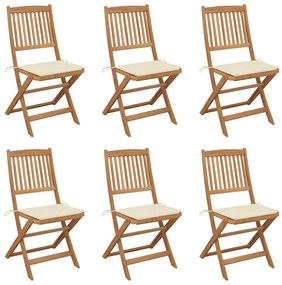 3065490 vidaXL Сгъваеми градински столове, 6 бр, с възглавници, акация масив