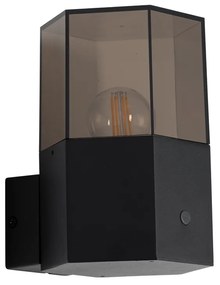 Външна стенна лампа черна с опушено стъкло шестоъгълник и сензор за здрач - Denmark